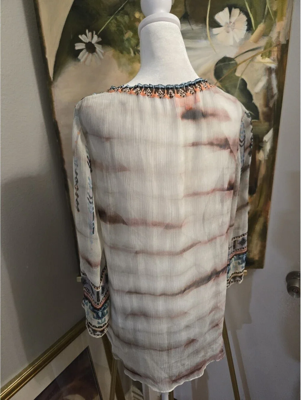Hale Bob Women's Wearable Art Silk Crinkle Chiffon Beaded Detail Blouse Size M